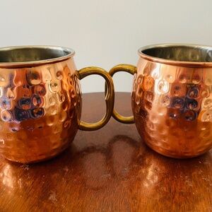 Set of two 2 hammered copper Moscow Mule cups with brass handles